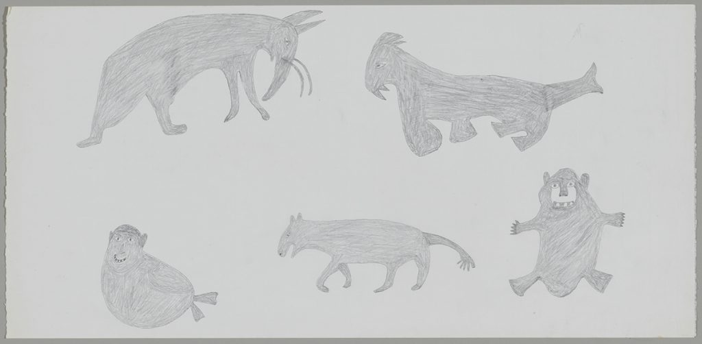 Imaginary Scene depicting five imaginary creatures: one animal with two tusks on its long nose