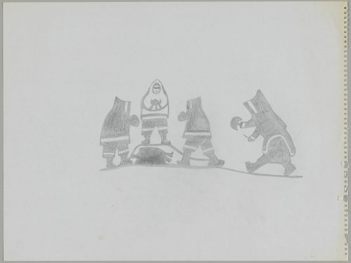 Scene depicting four stylized human figures: one figure stands on higher ground while two figures around them carry rocks and another walks towards them with an ulu and a knife. Scene presented in a two-dimensional style and using grey.