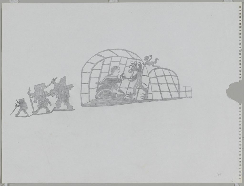Scene depicting depicitng a view a women inside an igloo facing a mythical creature and three human figures outside of the igloo are walking away from the igloo to the left side of the page. Scene presented in a two-dimensional style and using grey.