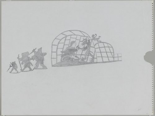 Scene depicting depicitng a view a women inside an igloo facing a mythical creature and three human figures outside of the igloo are walking away from the igloo to the left side of the page. Scene presented in a two-dimensional style and using grey.