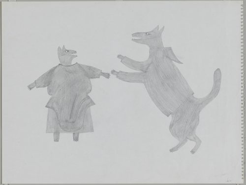 Two imaginary dogs wearing traditional Inuit clothing. Scene presented in a two-dimensional style and using grey.