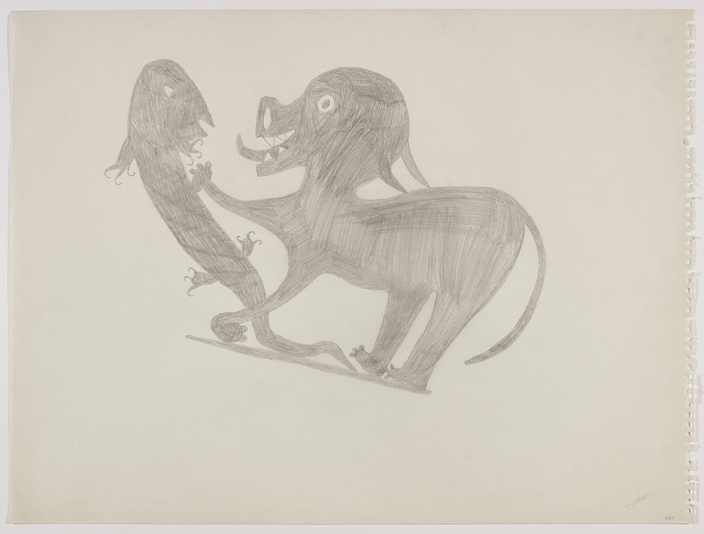 Imaginary Scene depicting a dog-like creature attacking a lizard-like creature. Figures presented in a two-dimensional style and using grey.