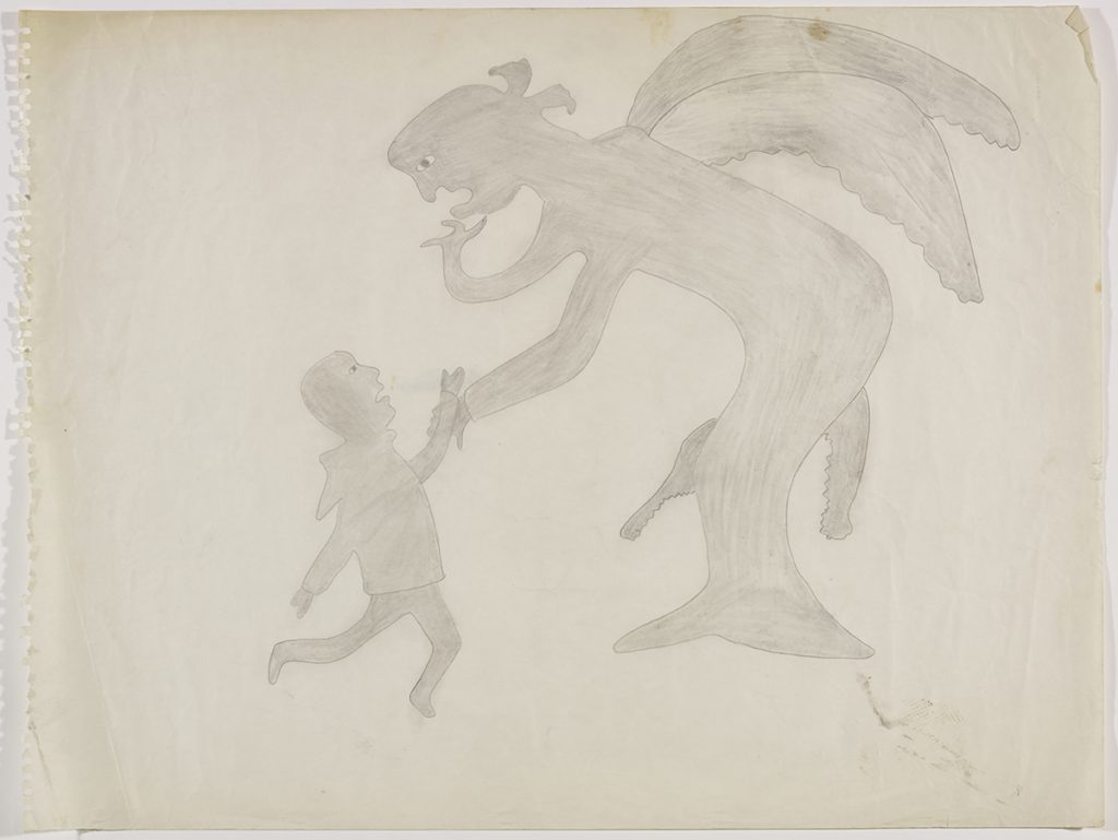 Scene depicting an angel-like figure with wings and a large whale tail fin grabbing a smaller human figure’s hand. Presented in a two-dimensional style and using grey.