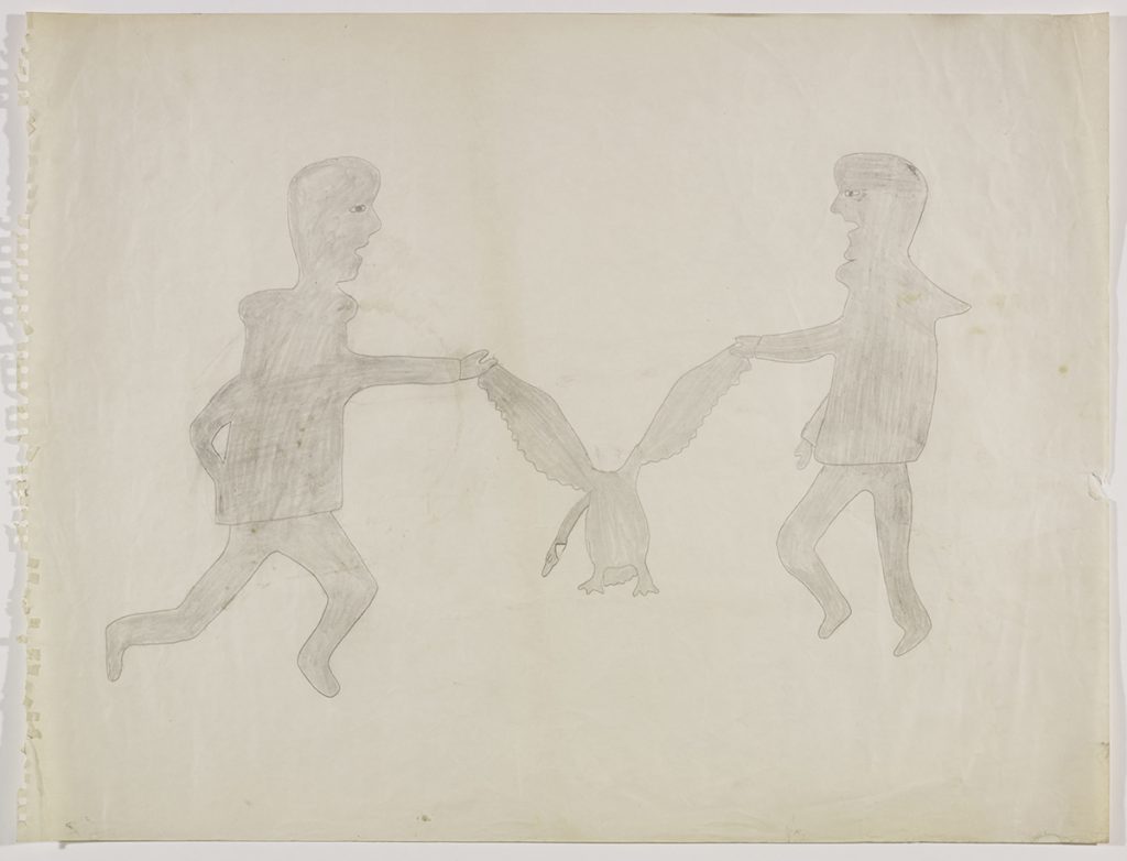 Scene depicting two people carrying a goose by the edges of its wings. Figures presented in a two-dimensional style and using grey.