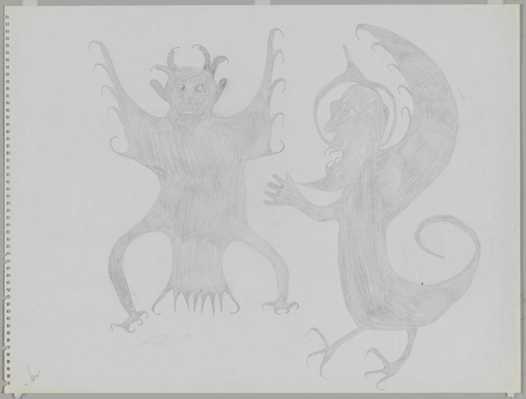 Imaginary Scene depicting two mythical winged creatures with sharp claws and many larger horns. Figures presented in a two-dimensional style and using grey.