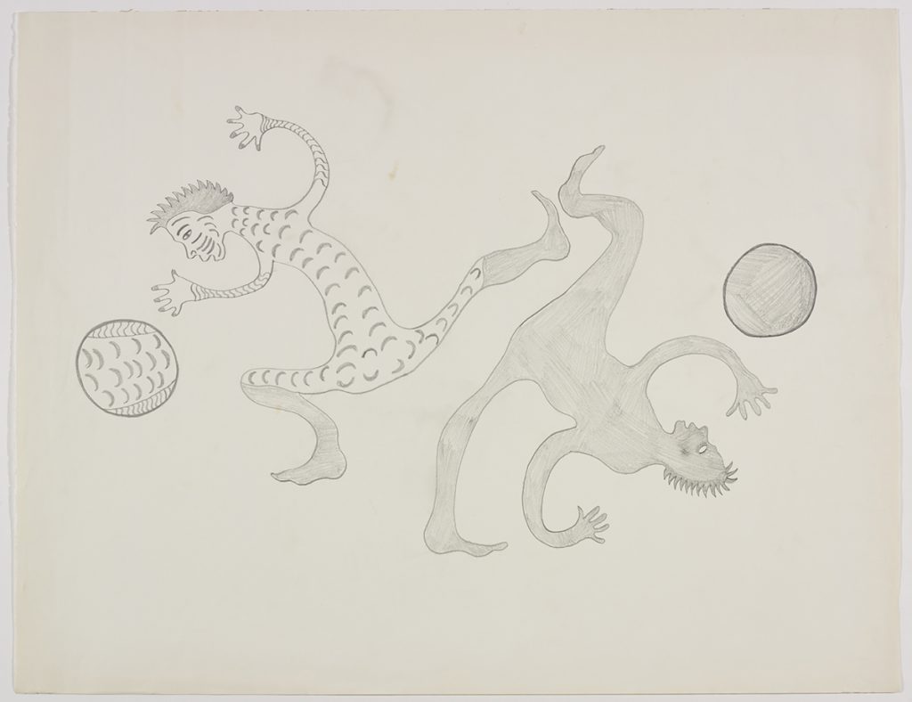 Scene depicting two stylized human figures with spikey hair in atheletic positions ooking as circular forms that mimic the patterns on their skin. Scene presented in a two-dimensional style using grey.