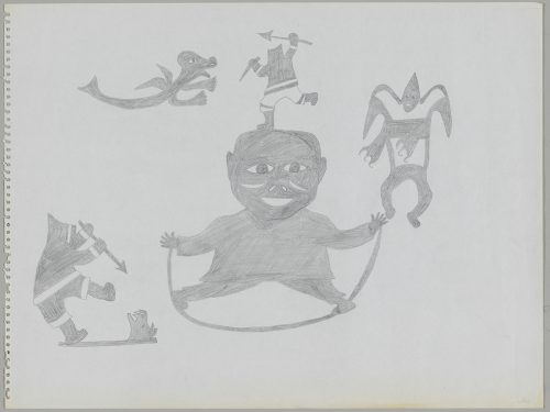 A large human figure standing on a long curved shape going from one hand to the other is surrounded by two smaller human figures pointing spears at imaginary creatures and another human figure with curly fingers and stange rounded shapes on its soulders floating on the right side of the page. Scene presented in a two-dimensional style and using grey.