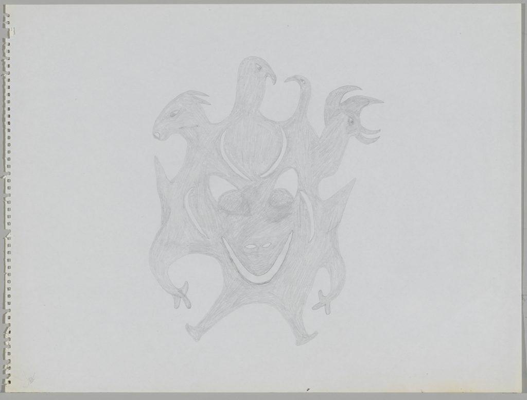 Scene depicting an imaginary creature with four different animal heads and a face on their body. Scene presented in a two-dimensional style and using grey.