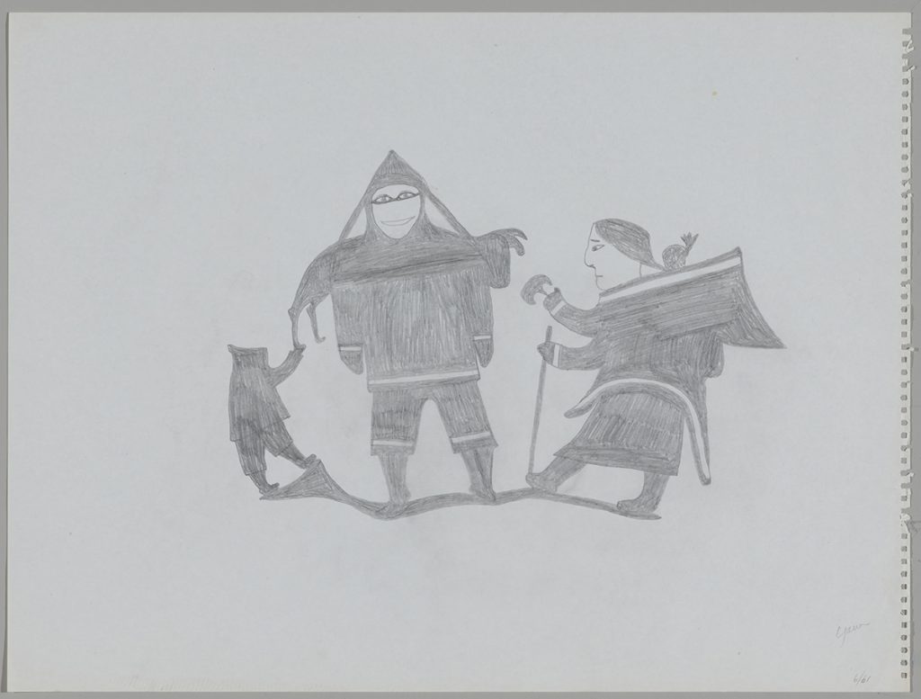 Scene depicting a small child touching the leg of a dead animal being carried on the back of a large man in the middle og the page and a woman also facing the man is carrying a baby in her amoutik is holding a walking stick and an ulu on the right side of the page. Scene presented in a two-dimensional style and using grey.