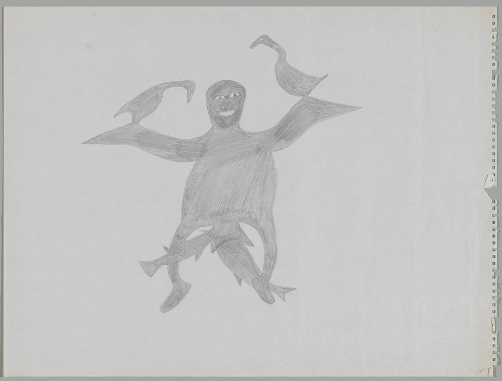 Scene depicting a stylizeed human figure holding two birds on their arms and the bodies of two fish are visible in between their legs. Scene presented in a two-dimensional style and using grey.