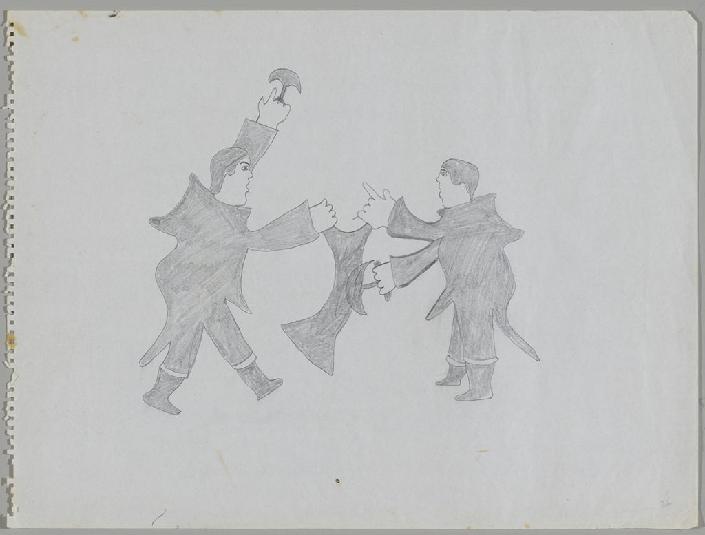 Scene depicting two women fighting over a pelt. One is holding up an ulu trying to hit the other woman while the other on is trying to cut the pelt in half. Scene presented in a two-dimensional style and using grey.