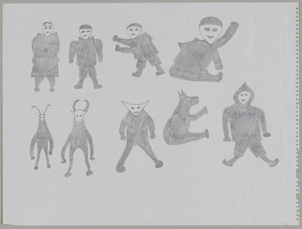 A group of nine human and animal figures in two rows. The five human figures are wearing winter clothing and three of the animal have strange white