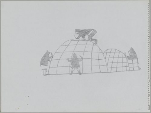 Scene depicting four human figures holding knives and building a large igloo. Presented in a two-dimensional style and using grey.