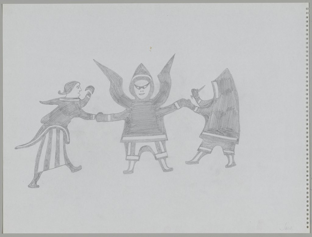 Scene depicting a man holding a knife and a woman holding an ulu are facing a human-like creature with wings wearing traditional Inuit clothing in the centre of the page. Presented in a two-dimensional style and using grey.