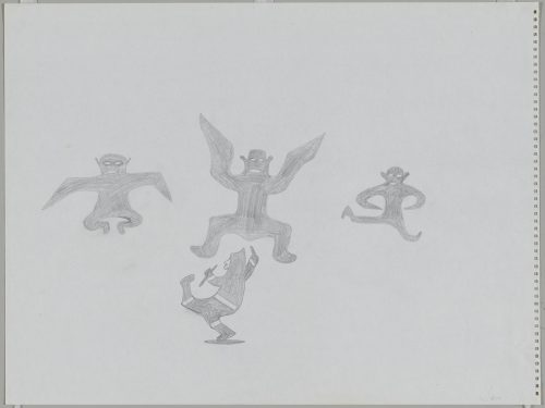Imaginary Scene depicting three simplified creatures with wings and a figures standing on one leg under the creatures and holding two small objects. Scene presented in a two-dimensional style and using grey.