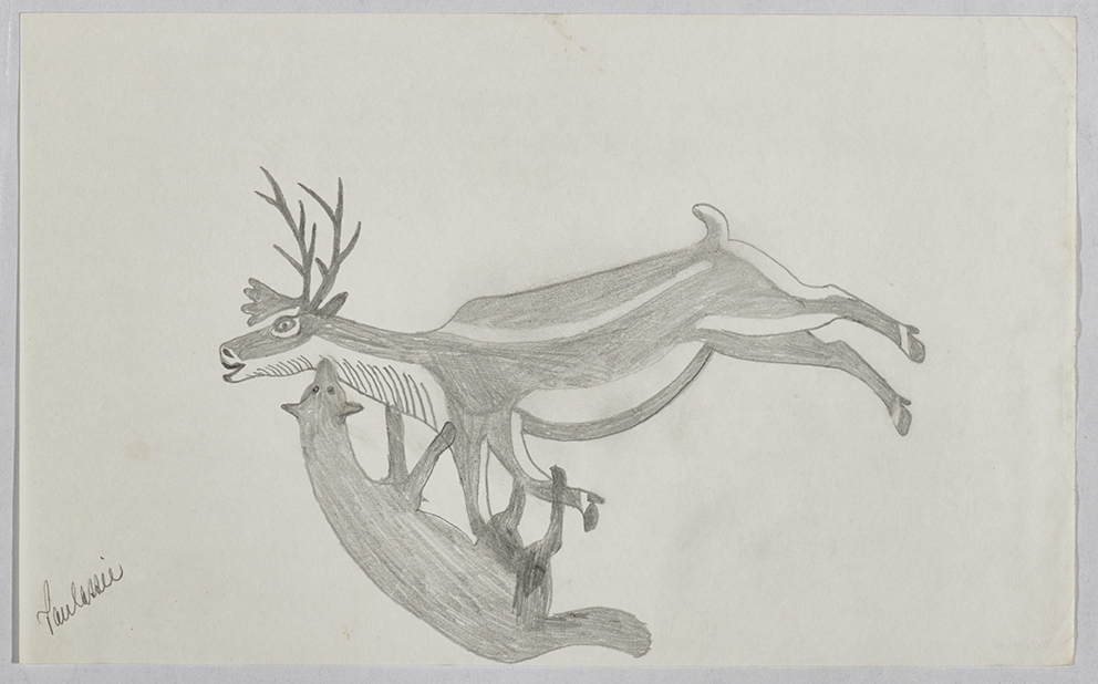 Scene depicting a fox biting the neck of a caribou and blocking its airway. Scene presented in a two-dimensional style and using gray.