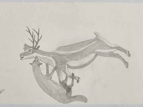 Scene depicting a fox biting the neck of a caribou and blocking its airway. Scene presented in a two-dimensional style and using gray.