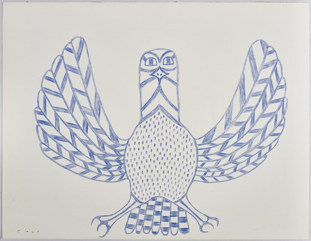 Stylized ptarmigan with chevron patterns on its neck