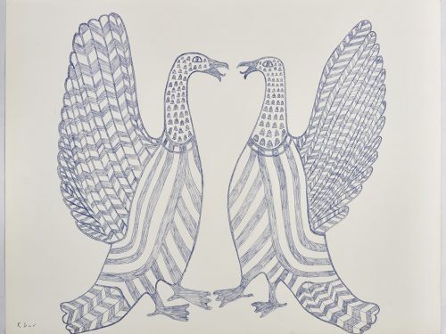 Symmetrical design depicting two stylized birds with stripes on their bodies