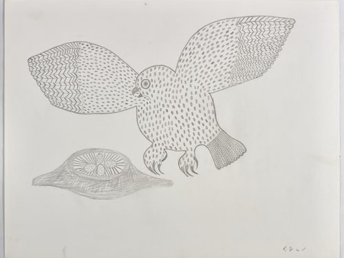 Surreal scene depicting stylized snowy owl with outstretched wings watching over a nest and eggs on the left side of the page. Scene presented in a two-dimensional style and using gray.