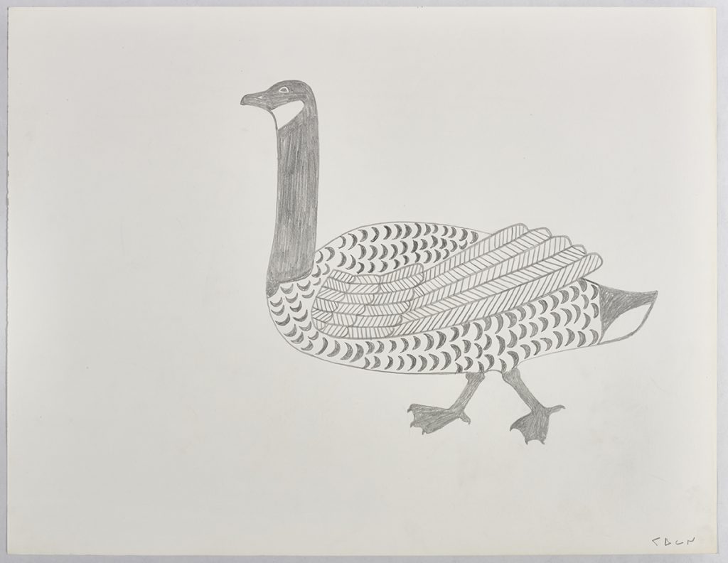 Scene depicting a large stylized goose walking tall and facing the left side of the page. Scene presented in a two-dimensional style and using gray.