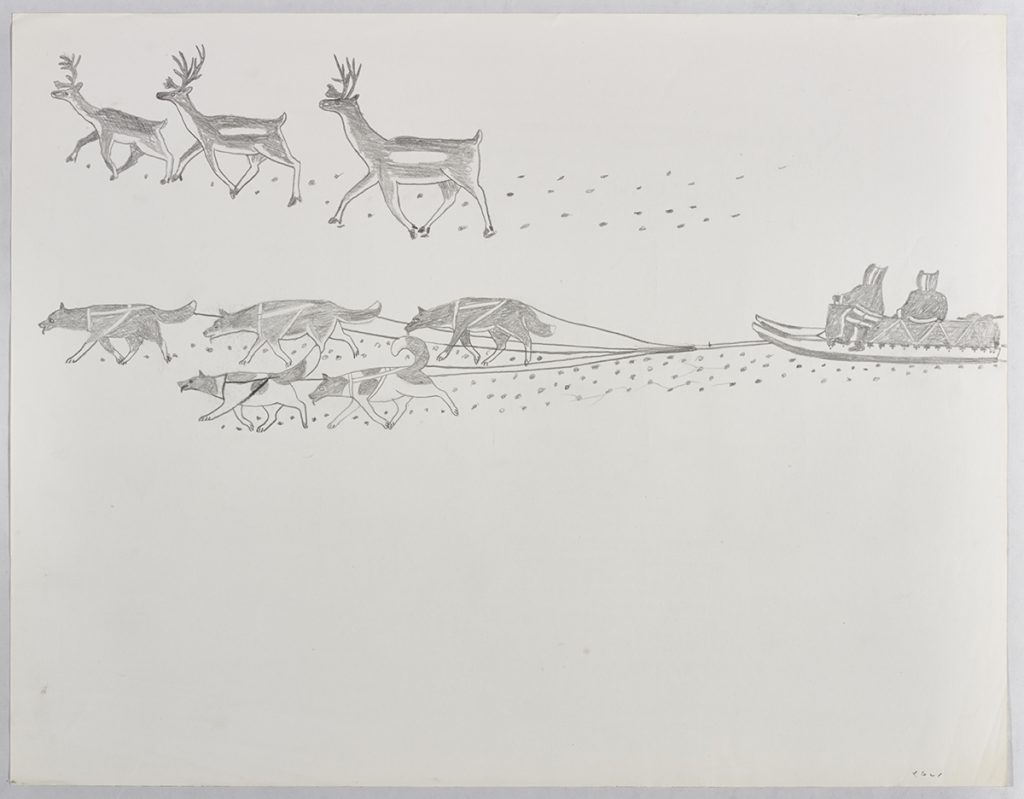 Landscape depicting two humans riding on a qamutik pulled by five sled dogs while three caribou walk beside the dogs near the top of the page. Scene presented in a two-dimensional style and using gray.