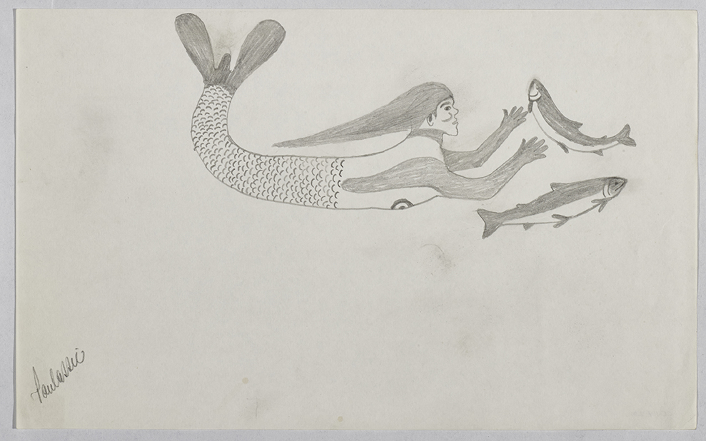 Mermaid with long hair interacting with two fish. Scene presented in a two-dimensional style and using gray.