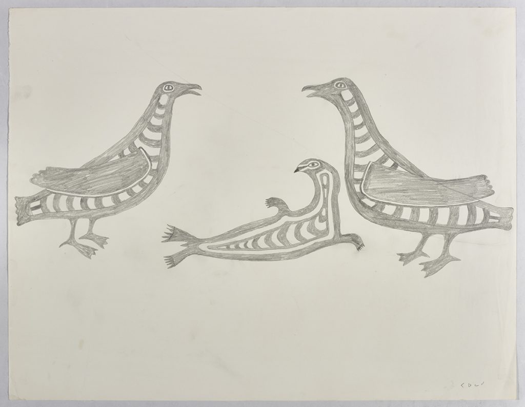 Scene depicting two stylized birds with large stripes facing each other with a striped bird-headed seal laying inbetween them. Design presented in a two-dimensional style and using gray.