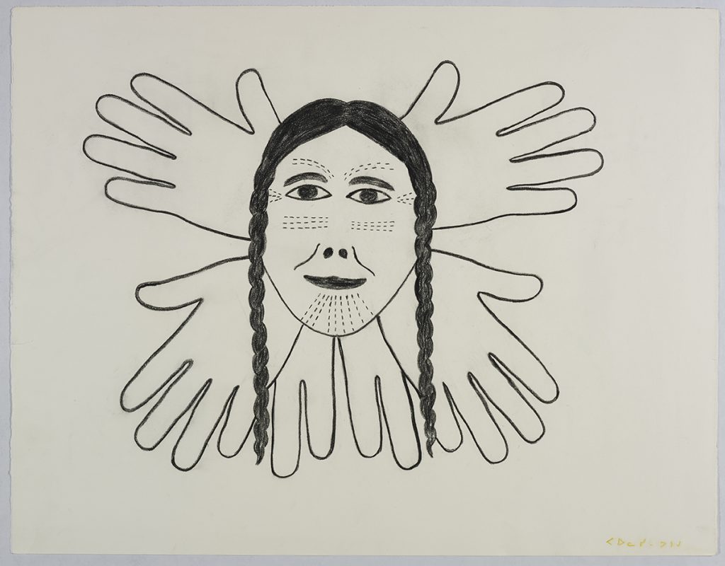 Symmetrical design depicting a woman's face with traditional Inuit tattos and braids surrounded by four hands stretching upwards. Design presented in a two-dimensional style and using gray.