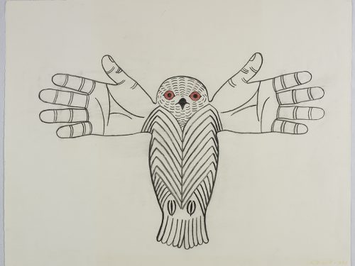 Symmetrical line drawing depicting an imaginary owl with human hands as outstretched wings and a striped body. Creature presented in a three-dimensional style and using black and red.