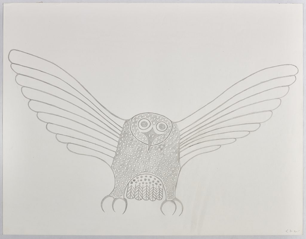 Large stylized owl expanding its large wings while facing the forward. Presented in a two-dimensional style and using gray.