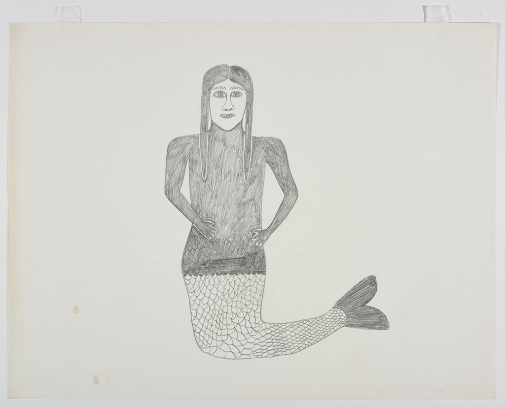 Mermaid with long hair looking forward and bending their tail to the right side of the page. Creature presented in a two-dimensional style and using gray.