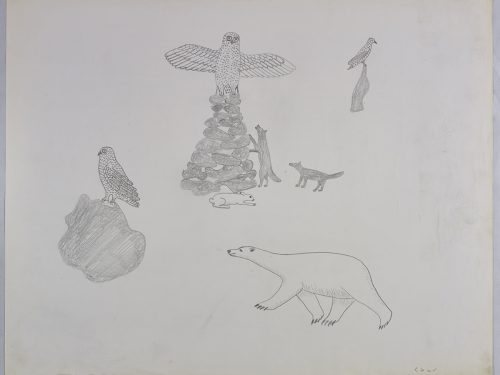 Scene depicting a large owl standing on top of a rock cairn with a rabbit