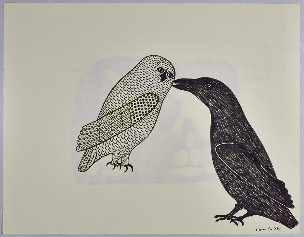 A stylized owl leaning towards a raven with its beak open and tongue showing. Scene presented in a two-dimensional style and using black.