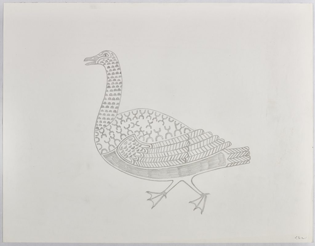 Stylized goose walking to the left with a variety of patterns on its neck body and visible wing. Scene presented in a two-dimensional style and using gray.