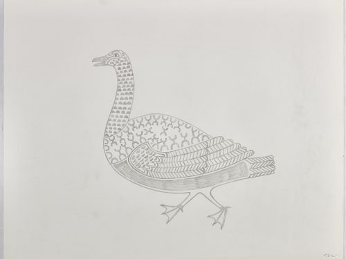 Stylized goose walking to the left with a variety of patterns on its neck body and visible wing. Scene presented in a two-dimensional style and using gray.