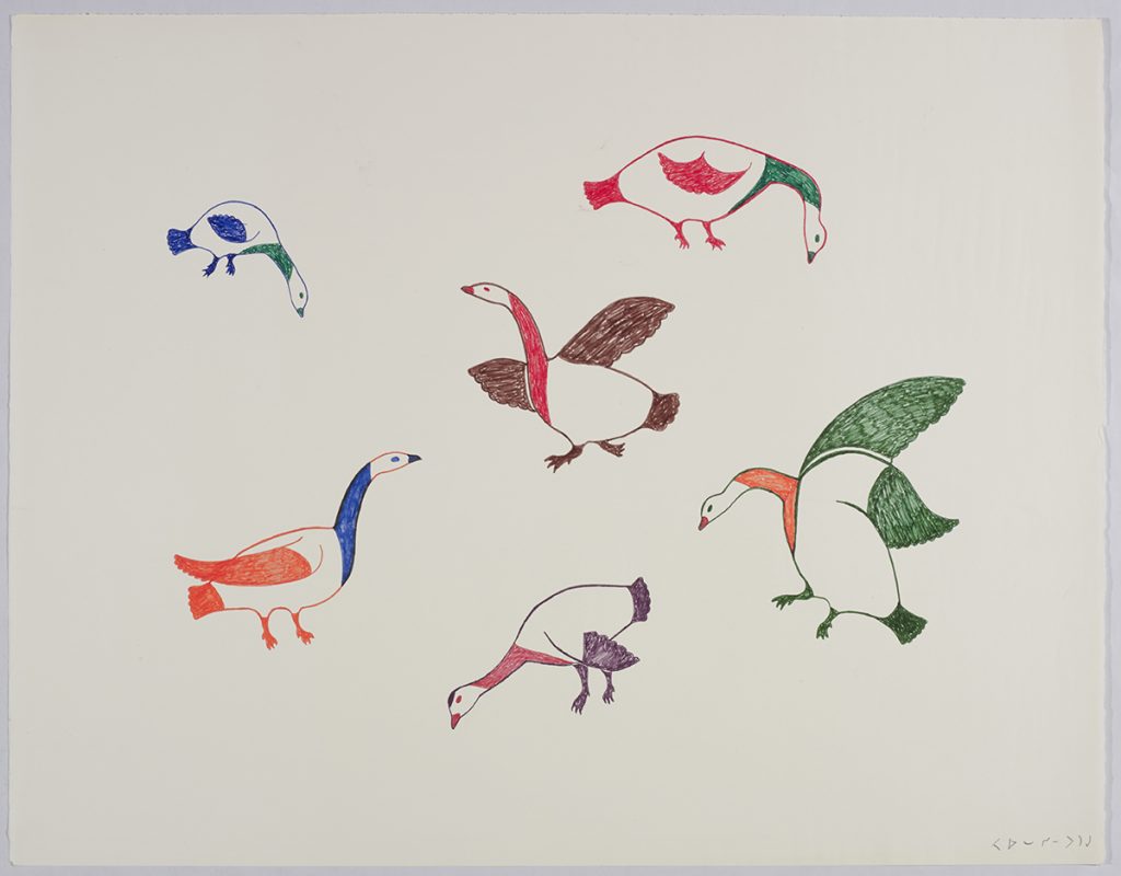 Design depicting six colorful birds in a group: three have their heads down like their feeding