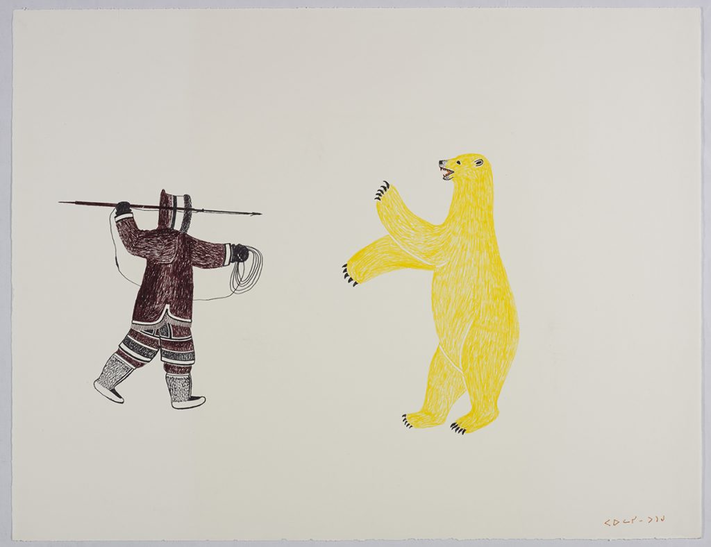 Scene depicting a human figure wearing traditional Inuit clothing and holding a spear and some rope wile facing a large polar bear standing on its hind legs. Scene presented in a two-dimensional style and using brown