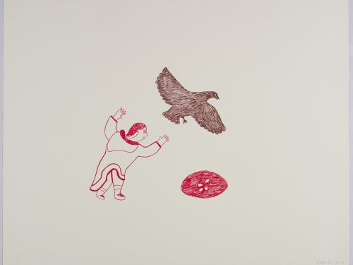 Line drawing of a woman looking at a nest with three egs in it and waving her arms in the air towards a bird flying just above the nest. Scene presented in a two-dimensional style and using red and brown.