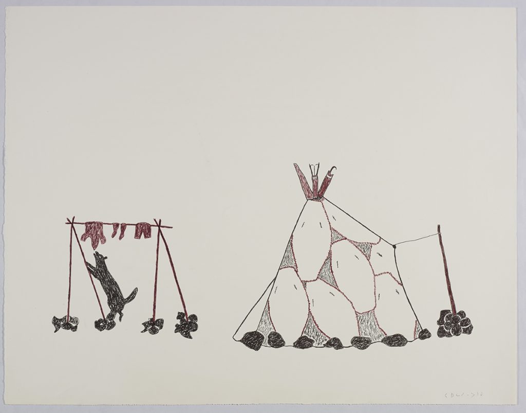 Scene depicting a sealskin tent with rocks surrounding the bottom to hold the tent on the right and an animal trying to reach dired meat hanging on some sticks on the left side of the page. Scene presented in a two-dimensional style and using black and brown.