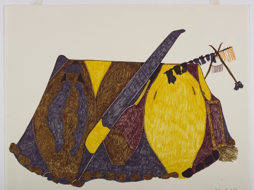 Scene depicting a colorful sealskin tent with a kayak leaning on one part of the tent while one end of a drying stick with many pieces of meat is resting on the side of the tent. Scene presented in a two-dimensional style and using yellow