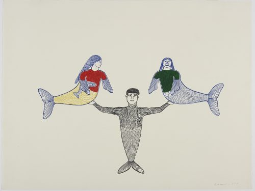 Scene depicting three mermaids: one male mermaid is standing on his tail fin while carrying female mermaids with flippers as hands in each arm. Figure presented in a two-dimensional style and using blue