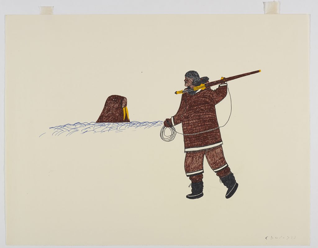 Scene depicting a human holding a harppon over their head while facing the head of a walrus looking over a snowy patch of ice. Scene presented in a two-dimensional style and using brown