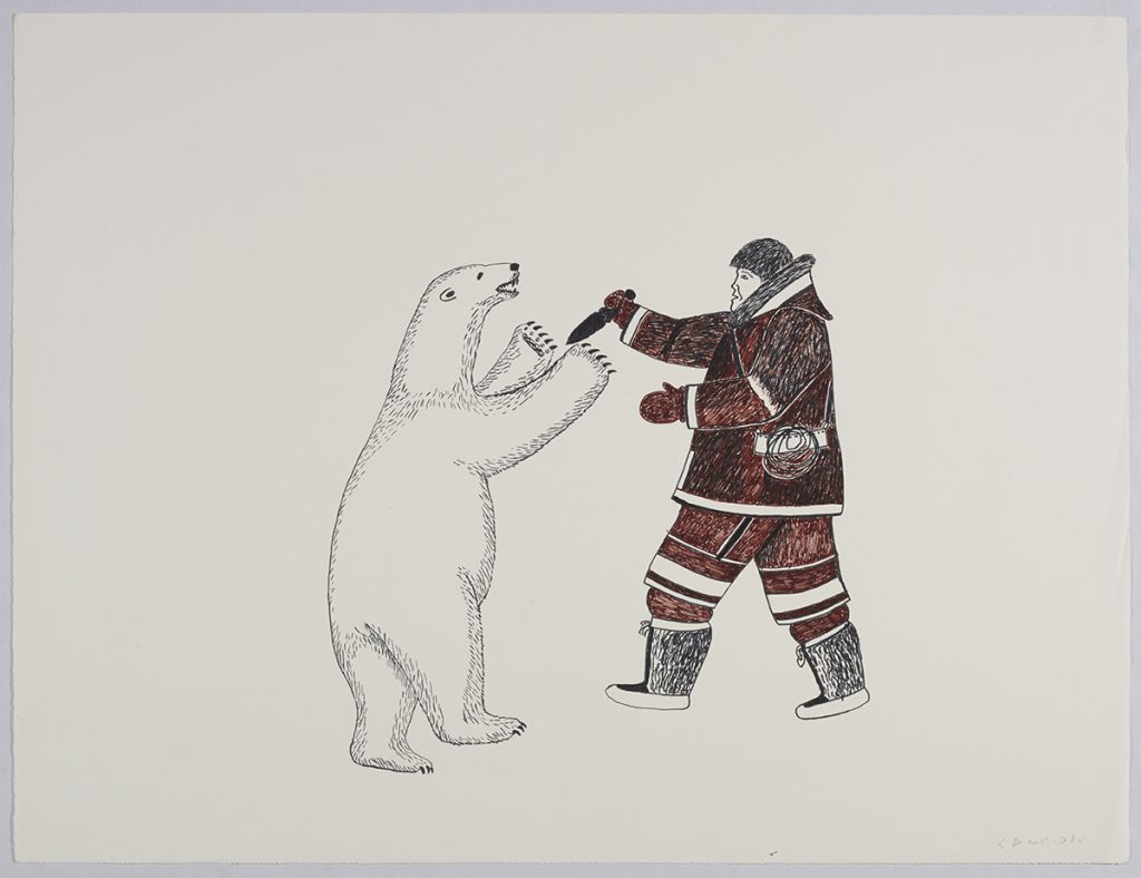 Scene depicting a man wearing traditional clothing and holding a knife in an outstretched hand towards a polar bear standing on its hind legs very close to him. Presented in a two-dimensional style and using brown and black.