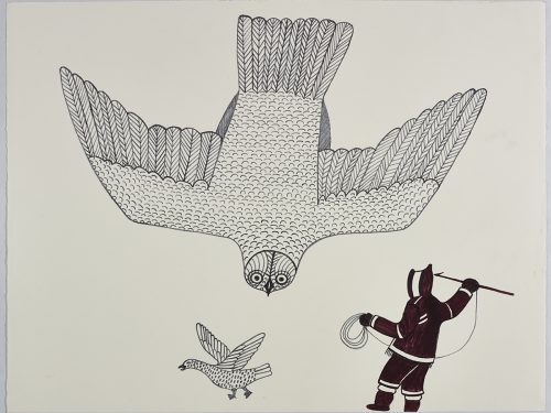 Scene depicting a huge owl flying over a human figure wearing traditional Inuit clothing and ready to throw a harpoon at a small bird to their left. Presented in a two-dimensional style and using black and brown.