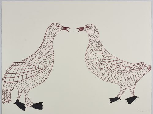 Scene depicting two stylized ptarmigans with large wing feathers and dark feet facing each other. Scene presented in a two-dimensional style and using black and brown.