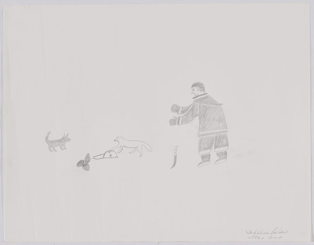 Scene depicting two dogs and a man to the right. Scene presented in a flattened