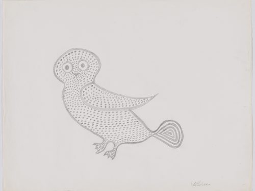 Stylized owl shown in a two-dimensional style and using grey. 