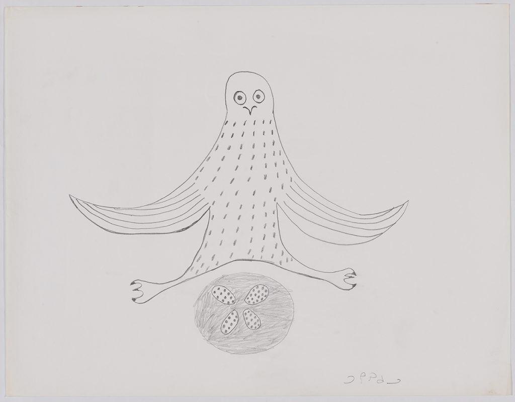 Owl shown perched atop its nest with four eggs inside. Presented in a two-dimensional style and using grey. 