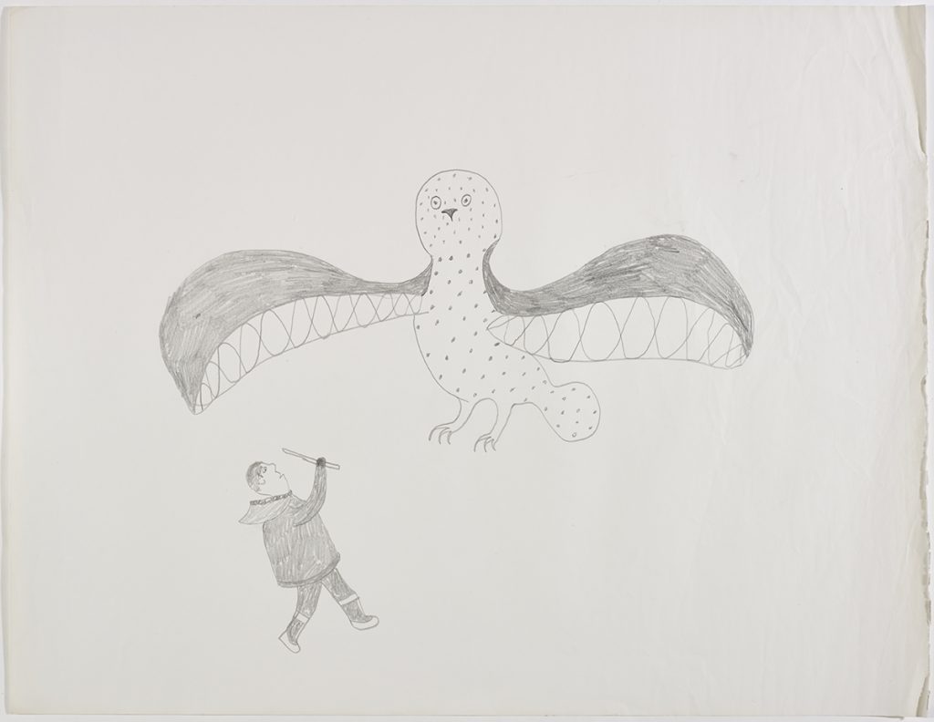 Imaginary scene depicting a man holding a tool beside a massive stylized owl with large wings flying overhead. Design presented in a two-dimensional style and using grey.